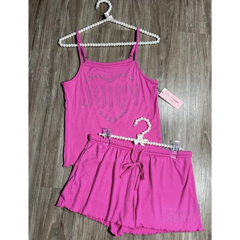 Juicy Couture NWT 2 Piece Pink Voltage Sleep Wear Rhinestone Accents